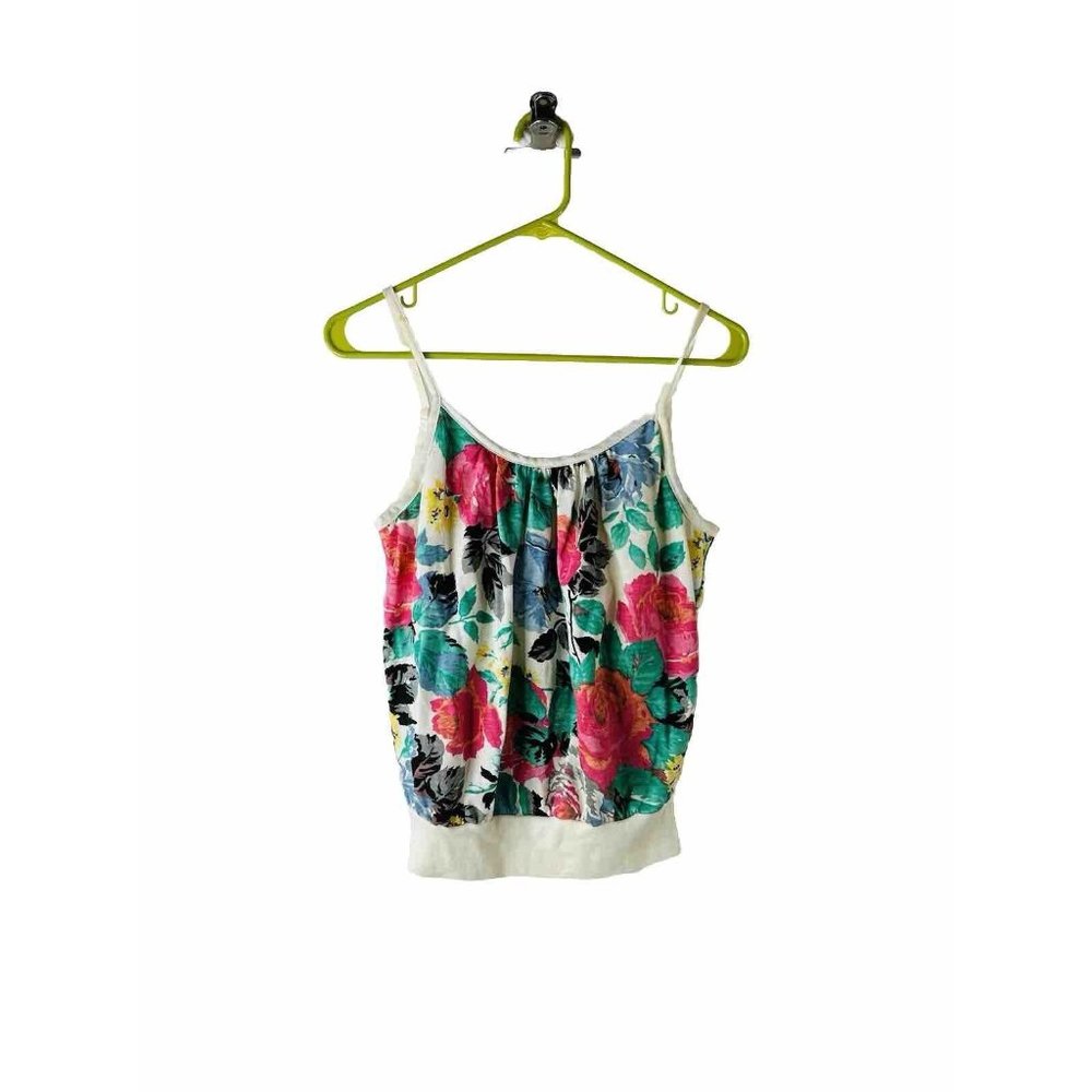 VTG 80s Rose Floral Spaghetti Tank Top Cami Built in Bra USA
